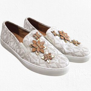 Michael Kors White Gold Monogrammed Slip-On Sneakers Floral Embellished Size 10